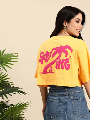 Mast & Harbour Printed Women Round Neck Yellow T-Shirt
