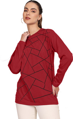 JUST ROAR Printed Women Round Neck Maroon T-Shirt