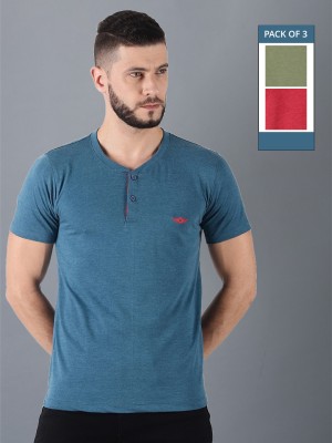 Dollar Solid Men Henley Neck Dark Blue, Dark Green, Maroon T-Shirt