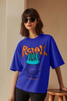 JUNEBERRY Printed Women Round Neck Blue T-Shirt