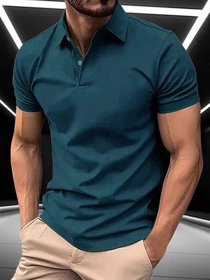 AIN6 Solid Men Polo Neck Blue T-Shirt