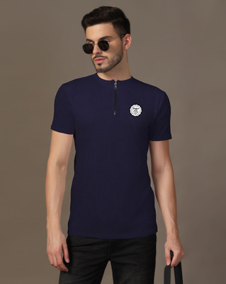 Lawful Casual Printed Men Mandarin Collar Navy Blue T-Shirt