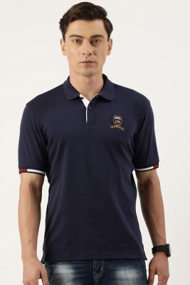 PETER ENGLAND Solid Men Polo Neck Navy Blue T-Shirt