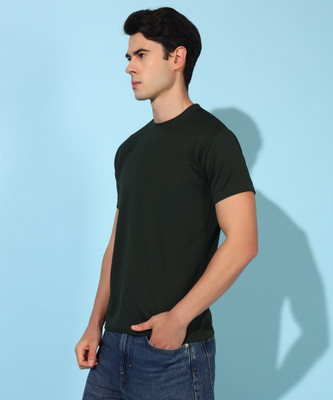 Christy World Solid Men Round Neck Dark Green T-Shirt