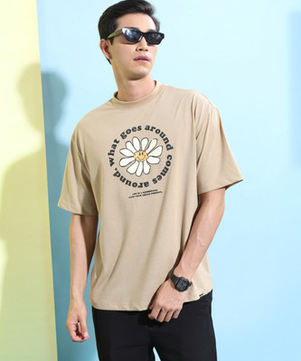 HIGHLANDER Typography, Floral Print Men Round Neck Beige T-Shirt