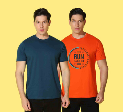 WOOSTRO Printed, Solid Men Round Neck Blue, Orange T-Shirt