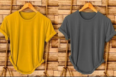 Aditi Fashion Solid Men Round Neck Reversible Yellow, Grey T-Shirt