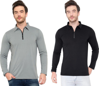 JB Jangoboy Solid Men Polo Neck Silver, Black T-Shirt