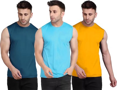 Renowned Solid Men Round Neck Blue, Light Blue, Yellow T-Shirt