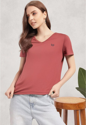 MACK JONNEY Solid Women V Neck Pink T-Shirt