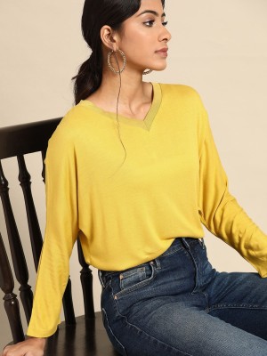 all about you Solid Women V Neck Yellow T-Shirt