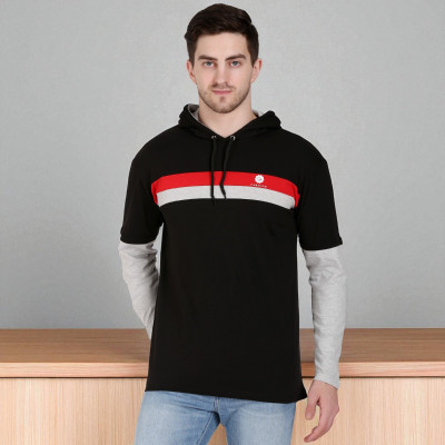 Faricon Trend Solid, Striped Men Round Neck Black T-Shirt