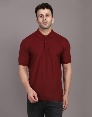 INKKR Solid Men Polo Neck Maroon T-Shirt