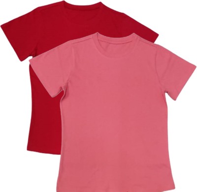 BlossomART Trends Solid Women Round Neck Red, Pink T-Shirt