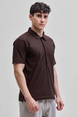 Snitch Self Design Men Polo Neck Brown T-Shirt