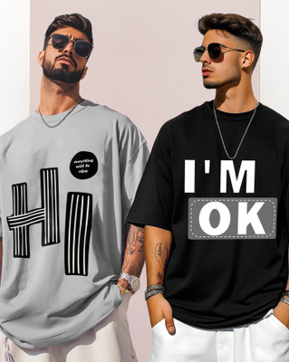 AOOSH Printed Men Round Neck Grey, Black T-Shirt
