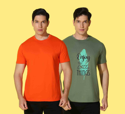WOOSTRO Printed, Solid Men Round Neck Orange, Green T-Shirt