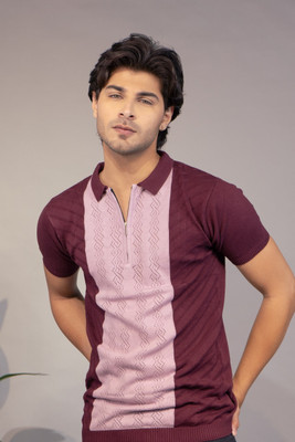 Rauth Striped Men Polo Neck Purple, Maroon T-Shirt
