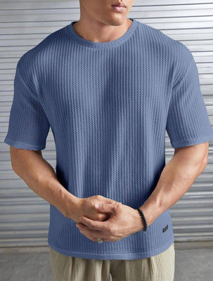 Mark TP Self Design Men Round Neck Blue T-Shirt