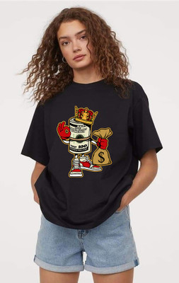 POSH PATOLA Printed Women Round Neck Black T-Shirt