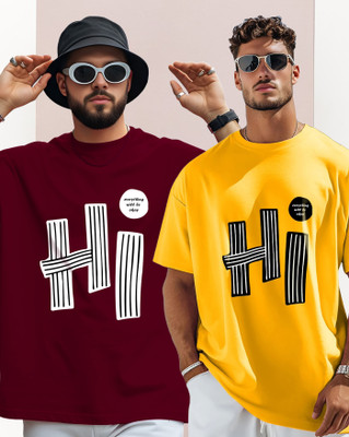 AOOSH Printed Men Round Neck Yellow, Maroon T-Shirt