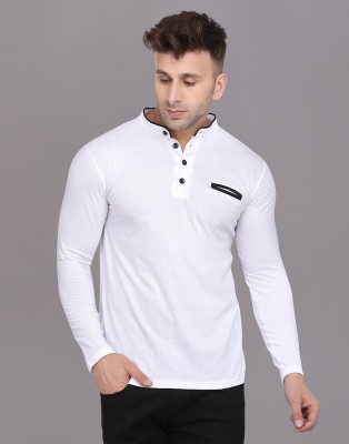 GEUM Solid Men Mandarin Collar White T-Shirt