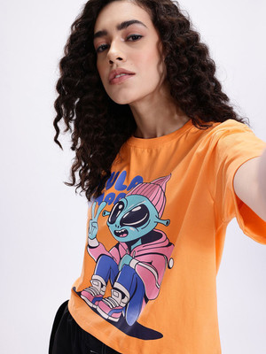 Kook N Keech Printed Women Round Neck Orange T-Shirt