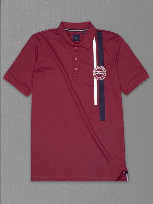 french crown Solid, Striped Men Polo Neck Maroon T-Shirt