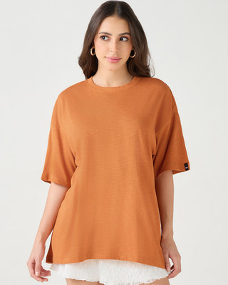 BEWAKOOF Solid Women Round Neck Orange T-Shirt
