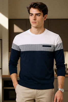 Autna Colorblock Men Round Neck Navy Blue T-Shirt