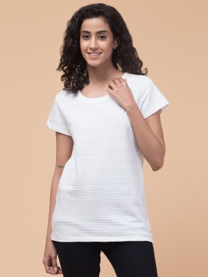 INUKA Striped Women Round Neck White T-Shirt