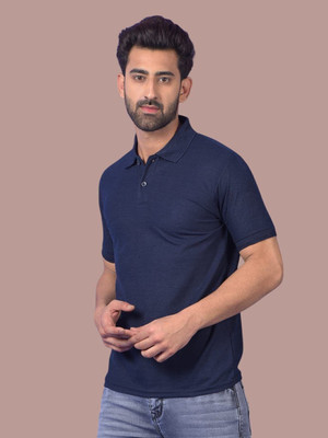 ROYAL YOUTH Solid Men Polo Neck Navy Blue T-Shirt