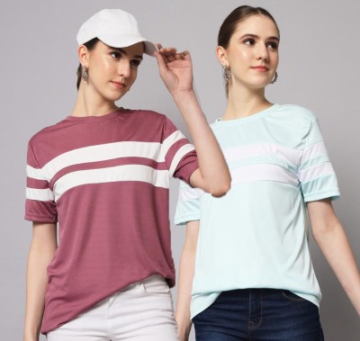 RodZen Striped Women Round Neck Pink, Blue T-Shirt