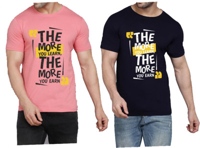WOOSTRO Printed Men Round Neck Pink, Dark Blue T-Shirt