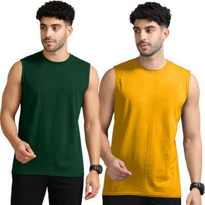 Adorbs Solid Men Round Neck Dark Green, Yellow T-Shirt