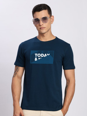 ADRO Typography Men Round Neck Dark Blue T-Shirt