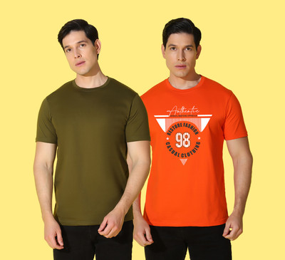WOOSTRO Printed, Solid Men Round Neck Green, Orange T-Shirt
