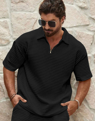 KAJARU Self Design Men Polo Neck Black T-Shirt