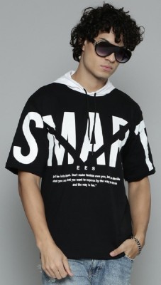 Smartees Printed, Typography Men Hooded Neck Black T-Shirt