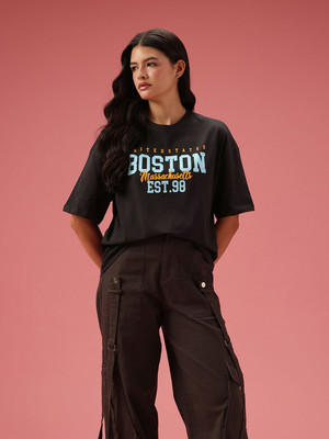 Dressberry Printed Women Round Neck Black T-Shirt