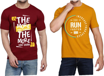 WOOSTRO Printed Men Round Neck Maroon, Yellow T-Shirt