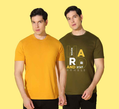 WOOSTRO Typography, Solid Men Round Neck Yellow, Green T-Shirt