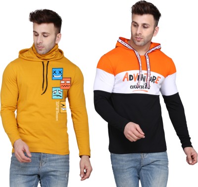 SLOWLORIS Printed Men Hooded Neck Yellow, White, Orange T-Shirt