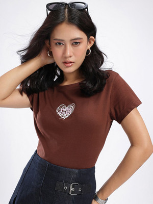 Glitchez Printed Women Round Neck Brown T-Shirt