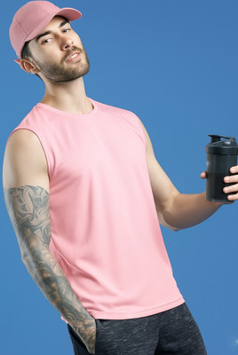Jangoboy Solid Men Round Neck Pink T-Shirt