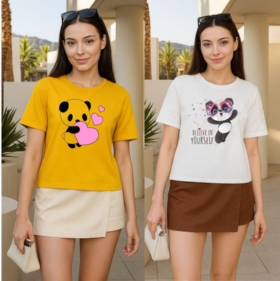 Herway Printed Women Round Neck Yellow, White T-Shirt