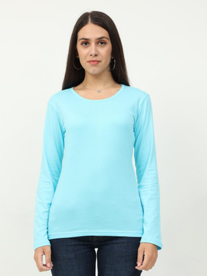 Fleximaa Solid Women Round Neck Blue T-Shirt