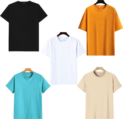 TTFE Solid Men Round Neck Light Blue, Black, White, Beige, Orange T-Shirt
