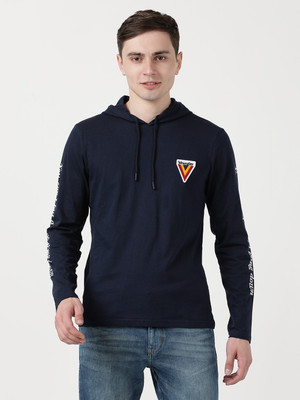 Wrangler Typography Men Hooded Neck Blue T-Shirt