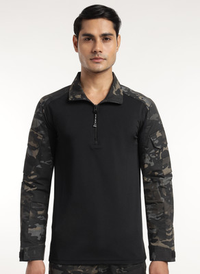MOUNTMILLER Military Camouflage Men Zip Neck Black T-Shirt